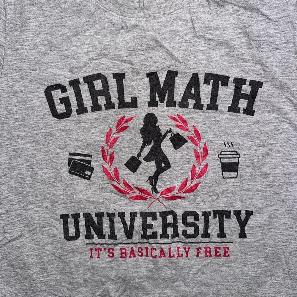 Woman’s ’Girl Math University’ Tee with Red and Black Print - EUC Small